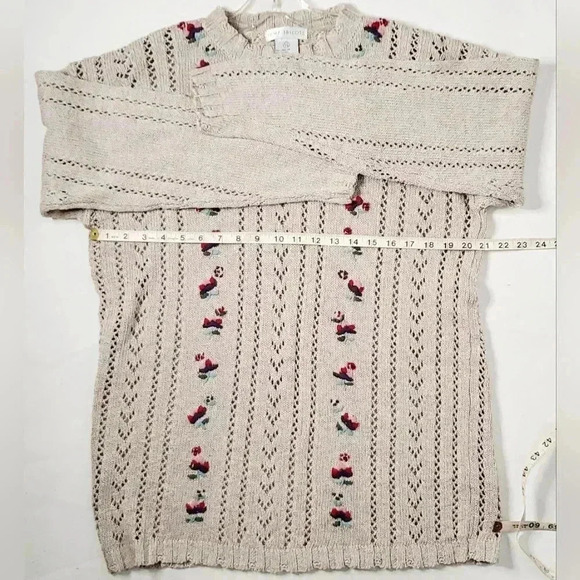 Jump Tricot Lenin Blend Beige 3D Embroidered Chunky Knit Sz L long Line Sweater - Picture 6 of 9